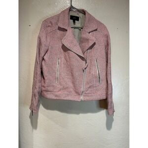 MNG Mango Collection Pink Tweed Moto Biker Jacket Textured Zip Front Womens L